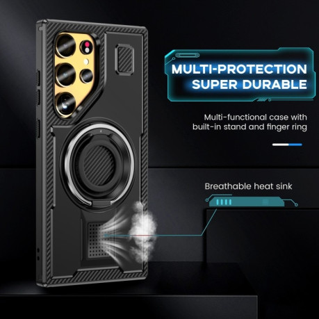 Противоударный чехол Ring Holder Carbon Fiber PC Hybrid TPU для Samsung Galaxy S25 Ultra 5G - черный