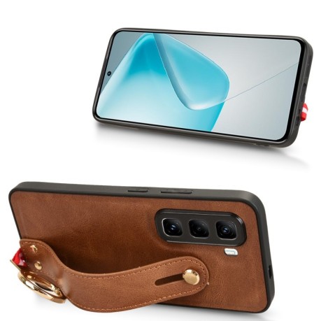 Противоударный чехол Wristband Leather Back для Infinix Hot 50 Pro 4G - коричневый