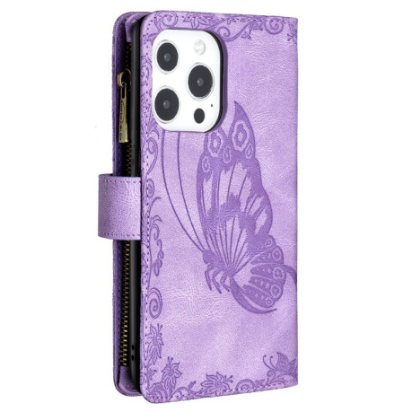 Чехол-кошелек Flying Butterfly Embossing для iPhone 13 Pro Max - фиолетовый