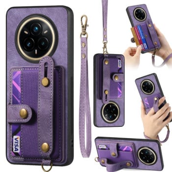 Противоударный чехол Retro Cross Wristband Wallet Leather для Realme 14 Pro+ - фиолетовый