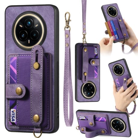 Противоударный чехол Retro Cross Wristband Wallet Leather для Realme 14 Pro+ - фіолетовий
