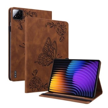 Чехол-книжка Butterfly Flower Embossed Leather на Xiaomi Pad 7 / Pad 7 Pro - коричневый