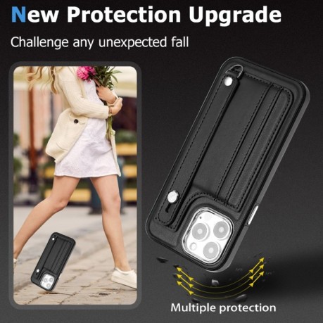 Противоударный чехол Wrist Strap Holder на iPhone 15 Pro Max - черный