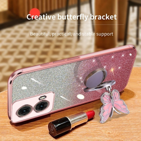Противоударный чехол Plated Gradient Glitter Butterfly Holder для Motorola Moto G85 - голубой