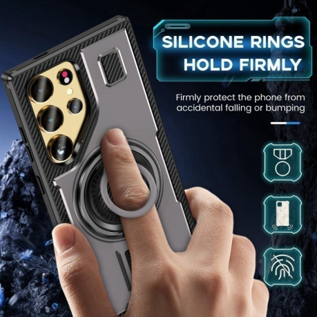 Протиударний чохол Ring Holder Carbon Fiber PC Hybrid TPU  для Samsung Galaxy S25 Ultra 5G - сірий