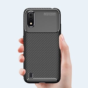 Ударозахисний чохол HMC Carbon Fiber Texture для Samsung Гелексі A01-синій