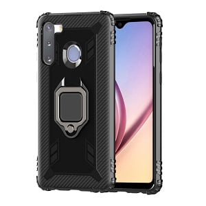 Противоударный чехол Carbon Fiber Rotating Ring на Samsung Galaxy A21 - черный Противоударный чехол Carbon Fiber Rotating Ring на Samsung Galaxy A21 - черный